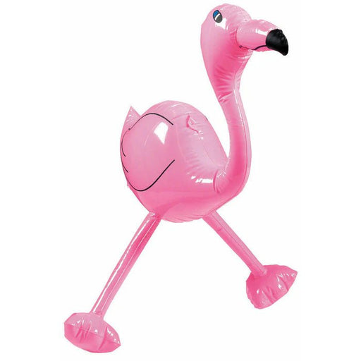 A pink inflatable flamingo with a cartoon-like appearance, featuring a rounded body, long neck, black-tipped beak, and exaggerated long legs with large feet for stability. The flamingo has simple black line details on the body and is designed as a fun, eye-catching decoration for pool parties, tropical-themed events, or summer gatherings.