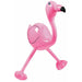 A pink inflatable flamingo with a cartoon-like appearance, featuring a rounded body, long neck, black-tipped beak, and exaggerated long legs with large feet for stability. The flamingo has simple black line details on the body and is designed as a fun, eye-catching decoration for pool parties, tropical-themed events, or summer gatherings.