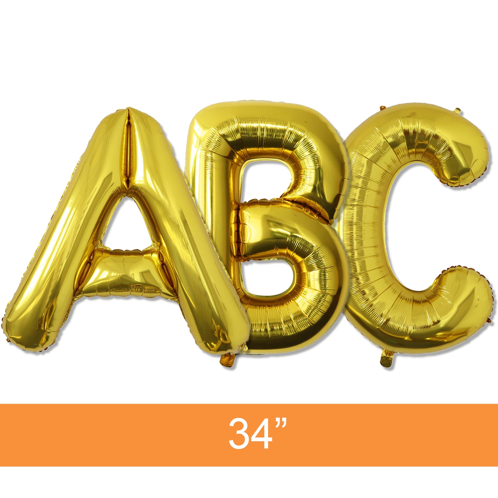 Large gold foil balloons shaped like the letters A, B, and C arranged side by side with '34