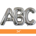 Large silver foil balloons shaped like the letters A, B, and C arranged side by side with '34"' text on an orange strip below.