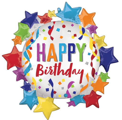 Satin Happy Birthday Stars SuperShape Mylar Balloon 30" | 1ct - Zurchers