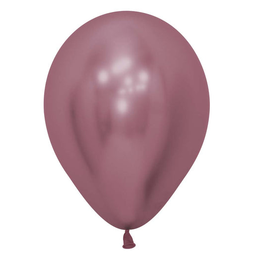 Pink metallic balloon inflated, standing upright against a plain background.