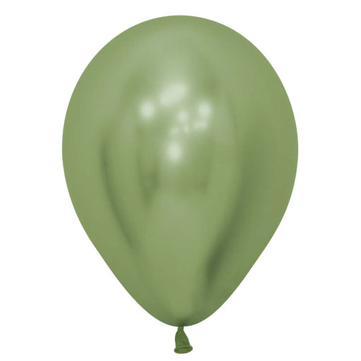 Green metallic balloon inflated, standing upright against a plain background.
