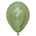 Green metallic balloon inflated, standing upright against a plain background.
