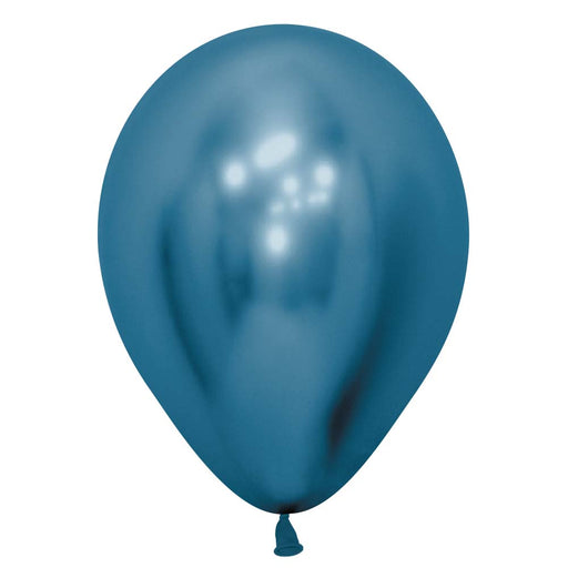 Blue metallic balloon inflated, standing upright against a plain background.