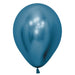 Blue metallic balloon inflated, standing upright against a plain background.