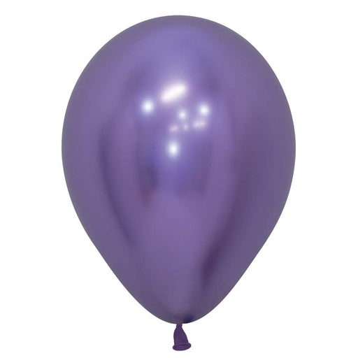 Violet metallic balloon inflated, standing upright against a plain background.