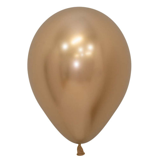 Gold metallic balloon inflated, standing upright against a plain background.