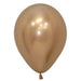 Gold metallic balloon inflated, standing upright against a plain background.
