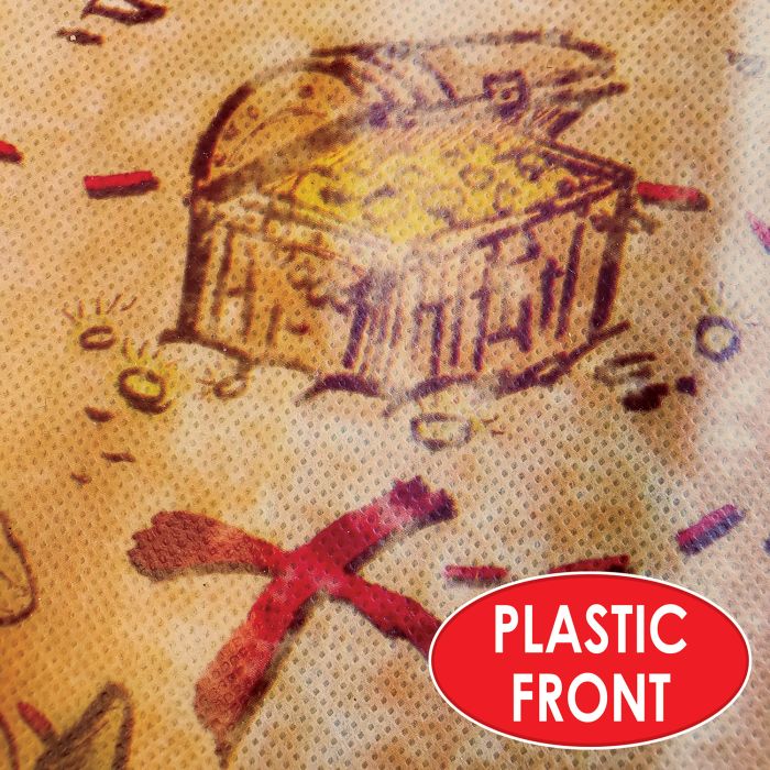 Close-up view of the front side of a pirate treasure map, featuring a detailed illustration of a wooden treasure chest overflowing with gold coins and surrounded by scattered coins. A large red "X" marks the spot beneath the chest. The map has a textured, dotted plastic surface with a worn parchment background. A red label reads "Plastic Front."