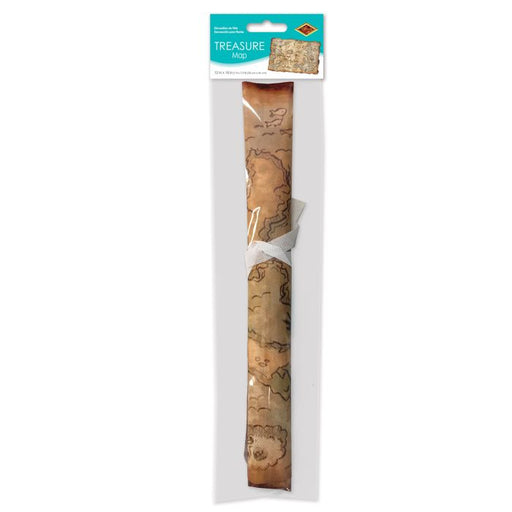 Rolled pirate treasure map in clear plastic packaging with a blue and white label that reads 'Treasure Map.' The map features a vintage-style tan design with printed illustrations of islands, coastlines, and treasure routes. The map is secured with a white tie and displayed in a long, narrow package.