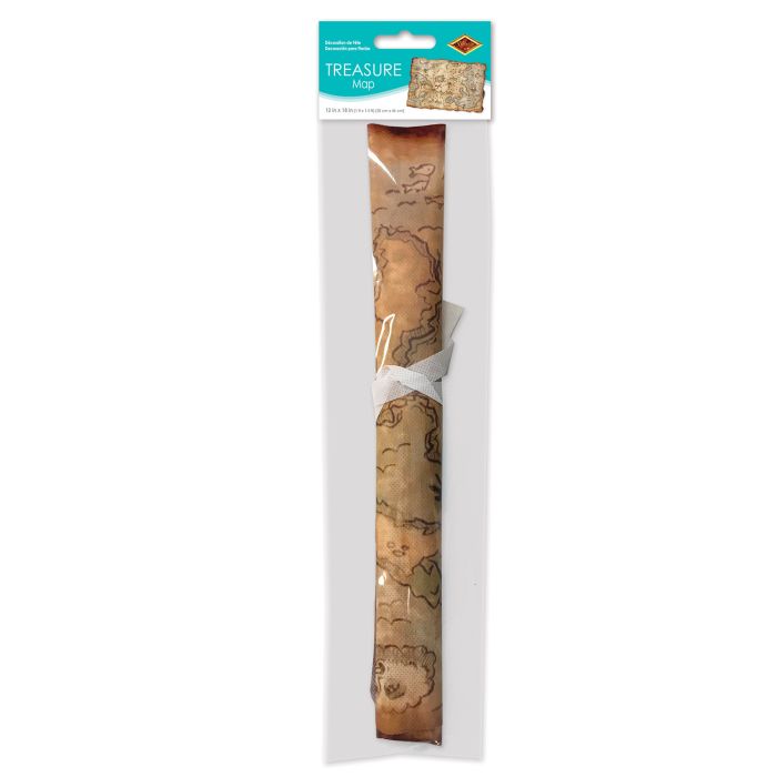 Rolled pirate treasure map in clear plastic packaging with a blue and white label that reads 'Treasure Map.' The map features a vintage-style tan design with printed illustrations of islands, coastlines, and treasure routes. The map is secured with a white tie and displayed in a long, narrow package.