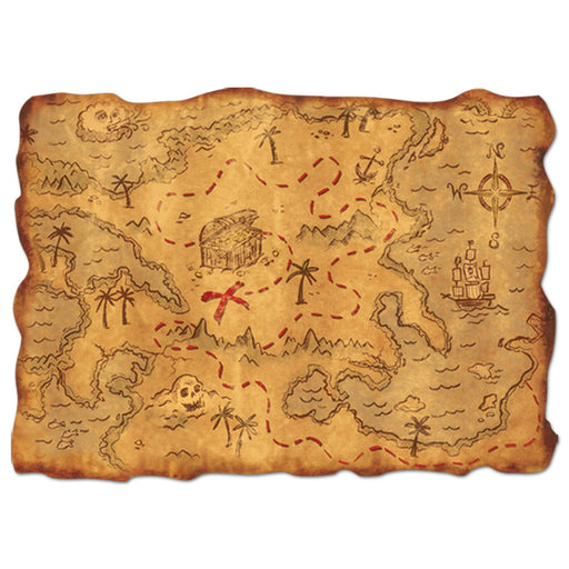 Illustrated pirate treasure map with a weathered, tan parchment background. The map features hand-drawn elements including palm trees, mountains, a treasure chest marked with a red 'X,' a compass rose, a sailing ship, and dotted red lines indicating a path to the treasure. The edges of the map are irregularly shaped to mimic an old, torn look.