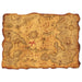 Illustrated pirate treasure map with a weathered, tan parchment background. The map features hand-drawn elements including palm trees, mountains, a treasure chest marked with a red 'X,' a compass rose, a sailing ship, and dotted red lines indicating a path to the treasure. The edges of the map are irregularly shaped to mimic an old, torn look.