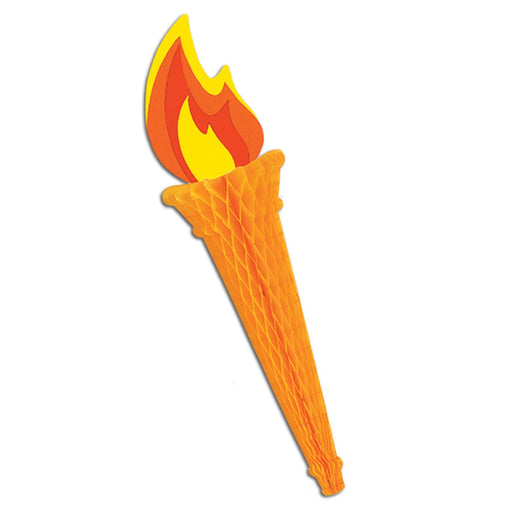 Paper torch decoration with a yellow and red flame design and a honeycomb-textured orange cone-shaped handle.