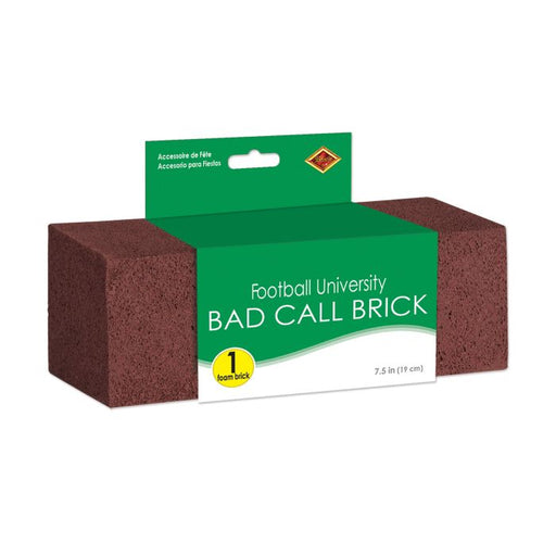 Rectangular brown foam brick labeled 'Football University Bad Call Brick' in green and white packaging, measuring 7.5 inches (19 cm) long.