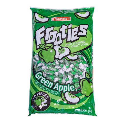 Bag of Tootsie Frooties Green Apple fruit-flavored chewy candy, featuring images of green apples and clear wrappers inside a green and white package labeled with '360 pieces' and 'artificially flavored.'