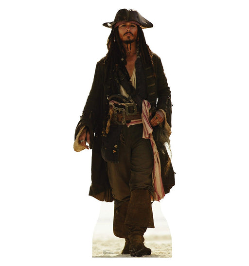 Cardboard cutout of a pirate with long dreadlocks, tricorn hat, and mustache. He wears a tattered black coat, a white shirt, brown trousers, and knee-high boots. A red-striped sash is tied around his waist, and various belts and trinkets adorn his outfit. He walks forward confidently against a white background.
