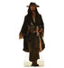Cardboard cutout of a pirate with long dreadlocks, tricorn hat, and mustache. He wears a tattered black coat, a white shirt, brown trousers, and knee-high boots. A red-striped sash is tied around his waist, and various belts and trinkets adorn his outfit. He walks forward confidently against a white background.