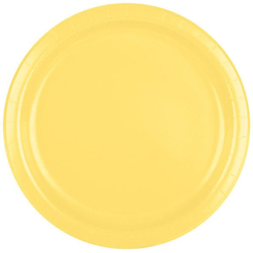 Add a pop of color to your next party or event with these 9" Light Yellow Round Lunch Paper Plates! Perfect for serving your party food on, these plates are both durable and vibrant. With 24 plates in each pack, you'll have plenty to go around. Party on!