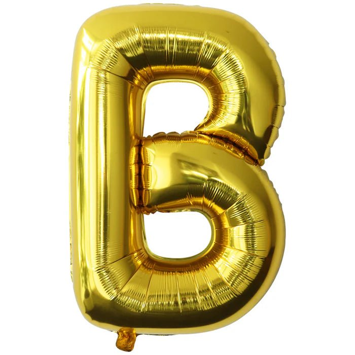 Gold foil balloon shaped like the letter B.