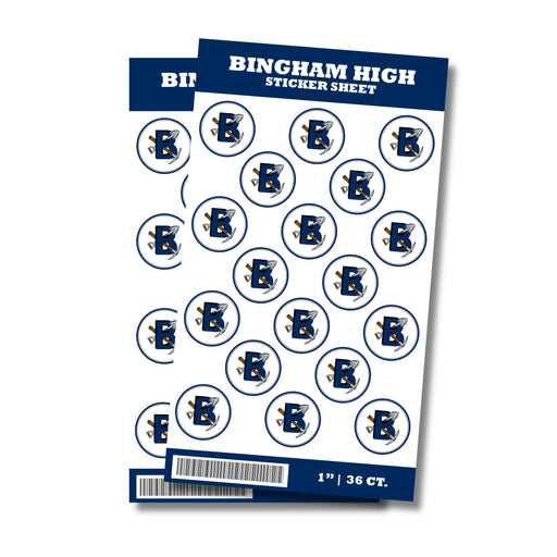 A package of 1-inch Bingham High School Sticker Seal.  Comes in a package of 36 1-inch sticker seals.