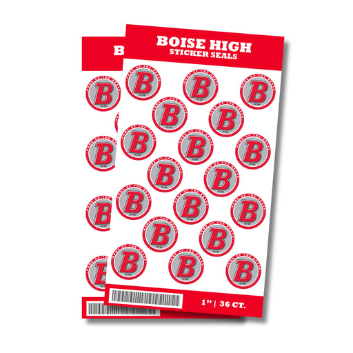 A package of 1-inch Boise High School Sticker Seals. Comes in a package of 36 1-inch sticker seals.