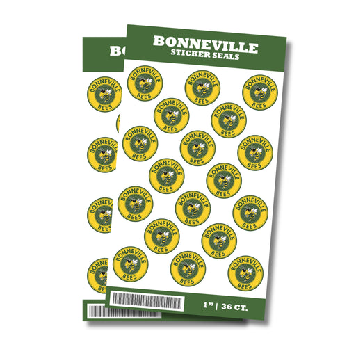 A package of 1-inch Bonneville Idaho High School Sticker Seals. Comes in a package of 36 1-inch stickers.