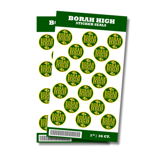A package of 1-inch Borah High School Sticker Seals. Comes in a package of 36 1-inch sticker seals.