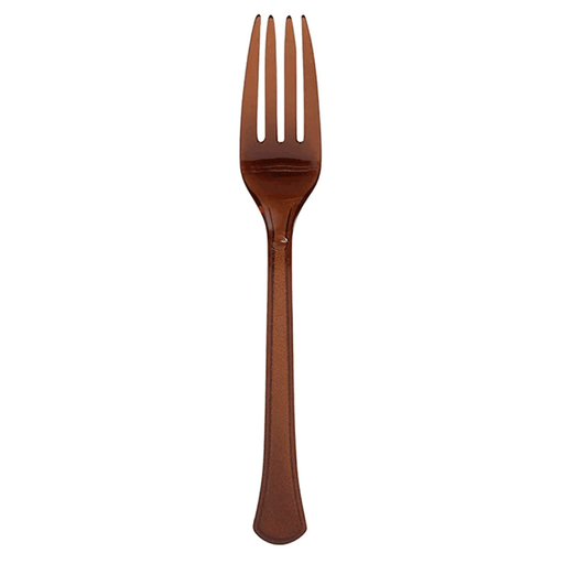 Single brown plastic fork displayed upright against a white background, showing its full length and slightly curved bowl.