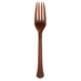 Single brown plastic fork displayed upright against a white background, showing its full length and slightly curved bowl.