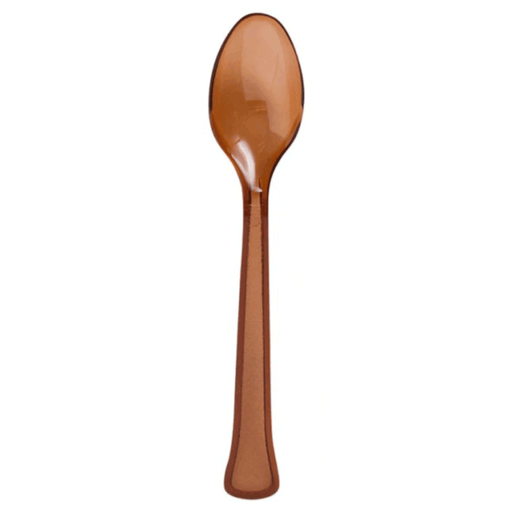 Single brown plastic spoon displayed upright against a white background, showing its full length and slightly curved bowl.
