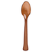 Single brown plastic spoon displayed upright against a white background, showing its full length and slightly curved bowl.