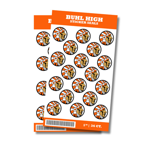 A package of 1-inch Buhl High School Sticker Seals. Each package includes 36 1-inch sticker seals.