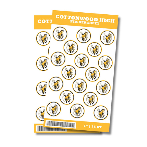 A package of 1-inch Cottonwood High School Sticker Seals. Each package contains 36 1-inch sticker seals.