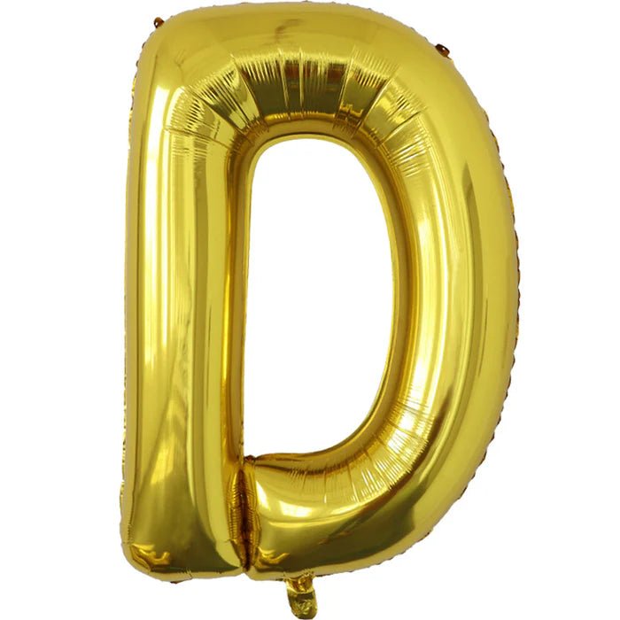 Gold foil balloon shaped like the letter D.