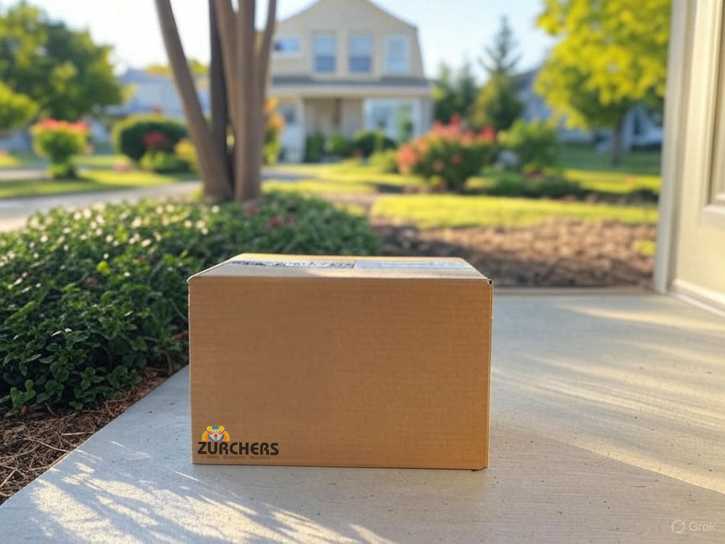 Zurchers Party Store shipping box sitting on a door step.