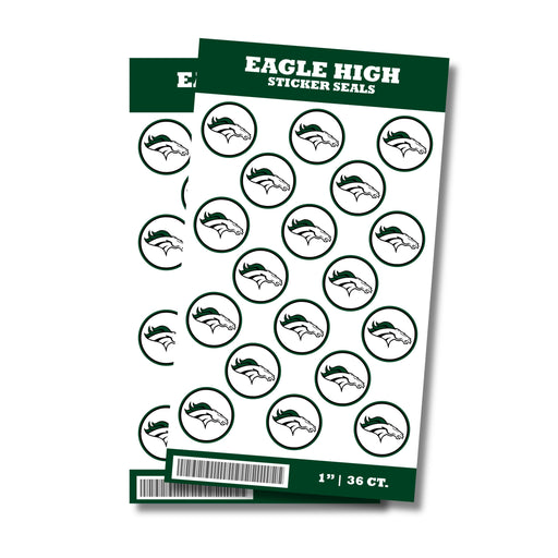 A package of 1-inch Eagle High School Sticker Seals. Each package contains 36 1-inch sticker seals.