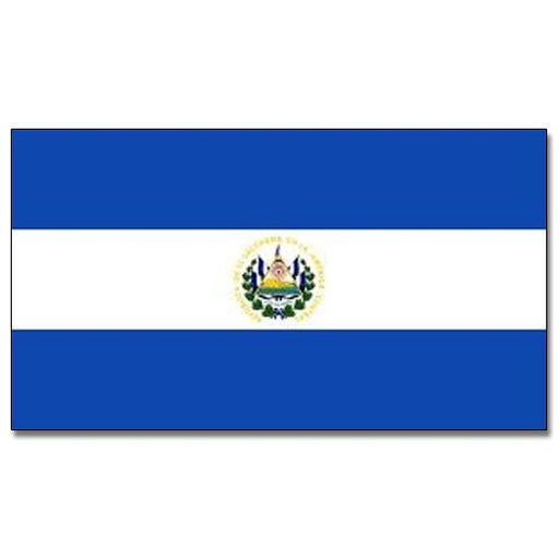  El Salvador flag with three horizontal stripes of blue, white, and blue, featuring the national coat of arms centered on the white stripe.