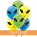 Set of colorful latex balloons in blue, green, and yellow, each printed with a black alien face design featuring large eyes and a smiling mouth. A banner at the bottom reads 'HELIUM NOT INCLUDED.'