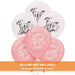 A bundle of six balloons with three pink balloons that read ‘she said yes!’ in white script with leafy accents, and three white balloons that read ‘Love’ in black script with leafy decorations. A banner across the bottom says ‘HELIUM NOT INCLUDED – See product description for details.’