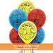 First image: Bundle of Toy Story-themed latex balloons in red, blue, and yellow. Each balloon has black line art illustrations of characters including Woody, Buzz Lightyear, Jessie, Rex, Hamm, and others. A banner at the bottom reads 'HELIUM NOT INCLUDED.'