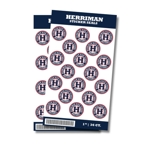 A package of 1-inch Herriman High School Sticker Seals. Each package includes 36 1-inch sticker seals.