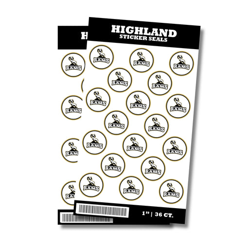A package of 1-inch Highland High School Sticker Seals. Each package contains 26 1-inch sticker seals. 
