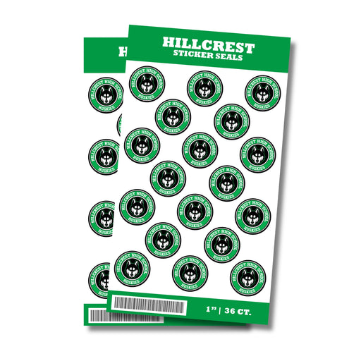 A package of 1-inch Hillcrest Utah High School Sticker Seals. Each package contains 36 1-inch sticker seals.