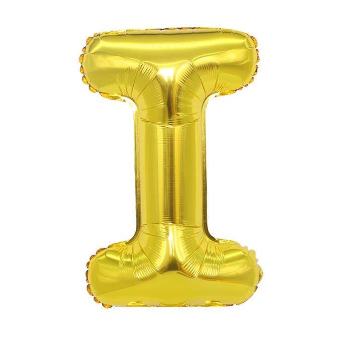 Gold foil balloon shaped like the letter I.