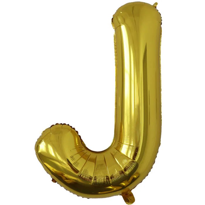 Gold foil balloon shaped like the letter J.