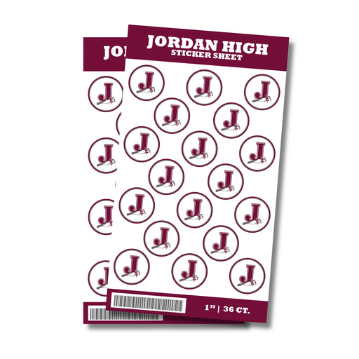 A package of 36 1-inch Jordan High School Sticker Seals. 