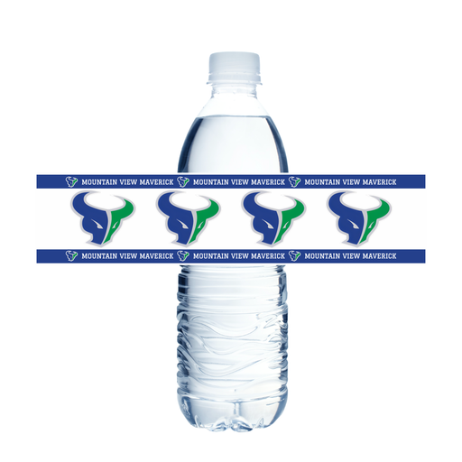 A Water bottle with a Mountain View ID High School Water Bottle Label over it,