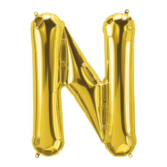 Gold foil balloon shaped like the letter N.